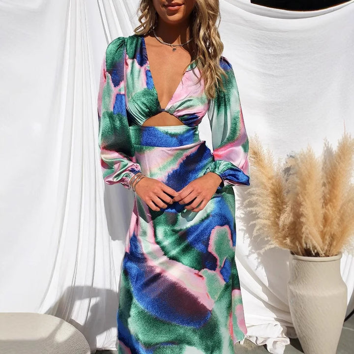 Women's midi dress with innovative cut and colorful pattern Skovae