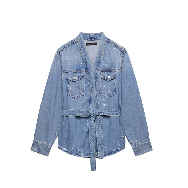 Dame Casual Distressed Denimjakke med bundet bånd Stilla