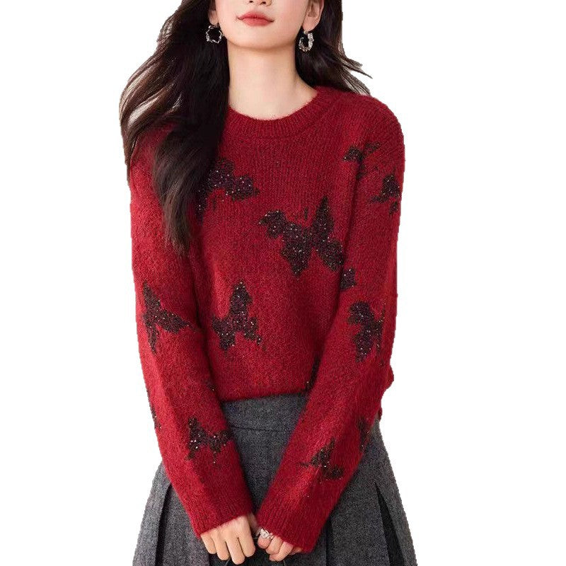 Kvinders stilfulde strikket sweater med funklende sommerfugle-applikationer Stilla