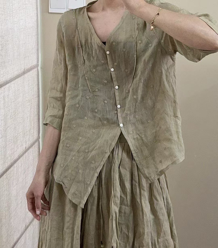 Femme Trekvart-ærme Button-Up Linned Top Stilla