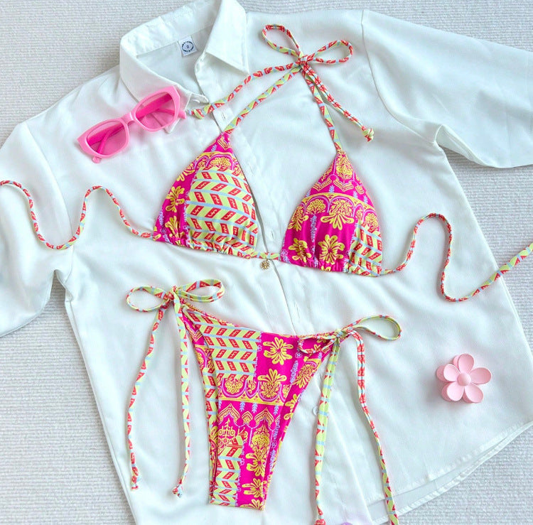 Dame Triangel-Bikini med legende blomsterdesign og forskellige bindebånd