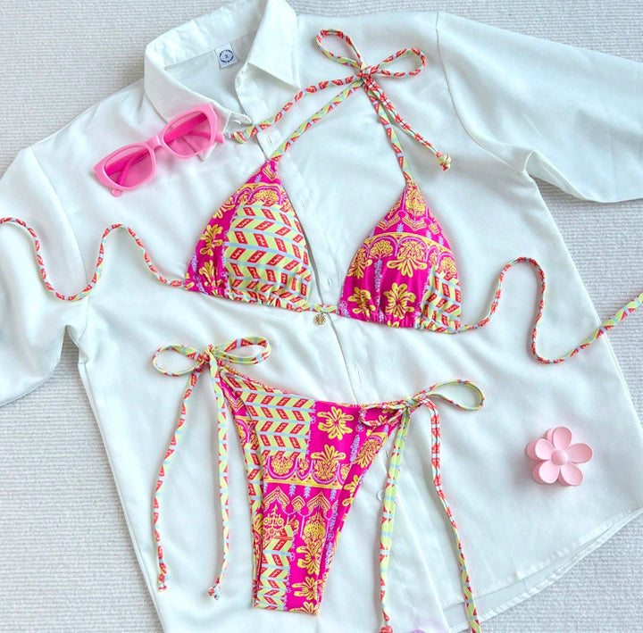Dame Triangel-Bikini med legende blomsterdesign og forskellige bindebånd