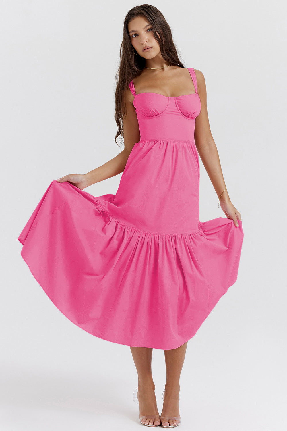 Dame midikjole med bustier-design og let volant Stilla