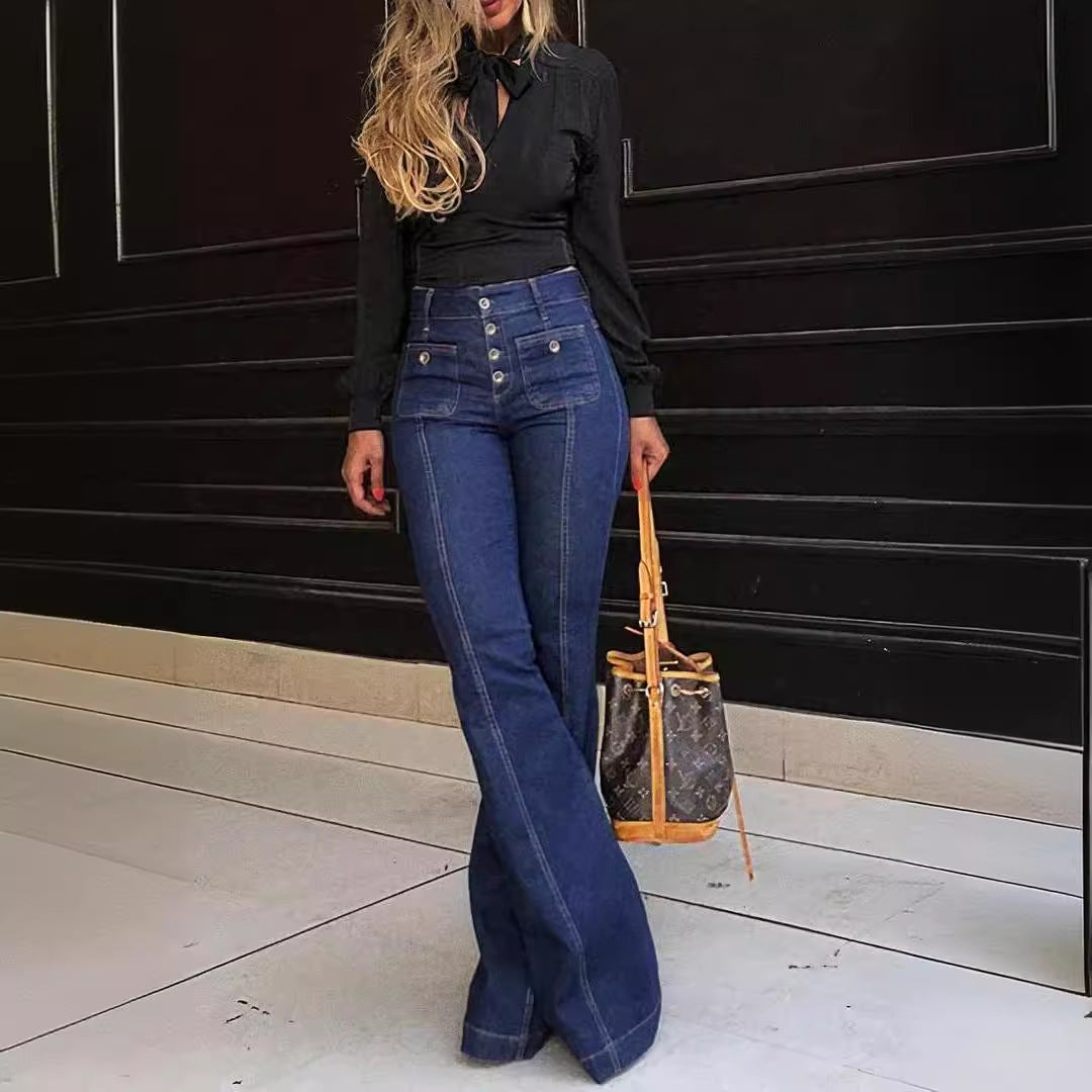 Dame Bootcut Jeans med højt liv og moderne knapdetaljer Stilla