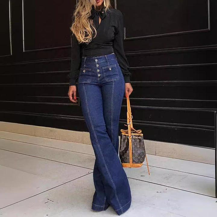 Dame Bootcut Jeans med højt liv og moderne knapdetaljer Stilla