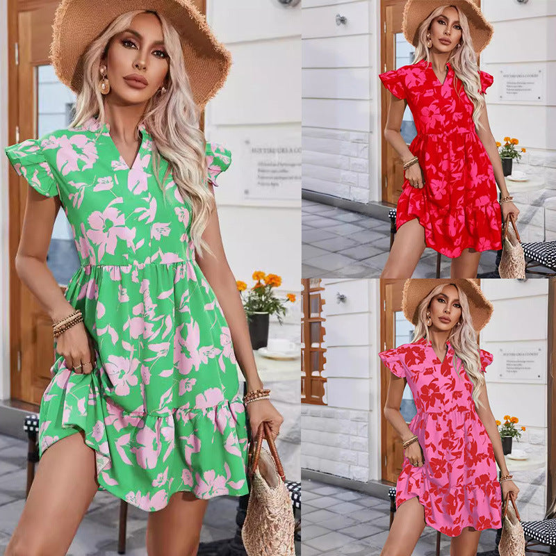 Dame let floral kjole med flæsedetaljer og elastisk taljeindlæg Stilla