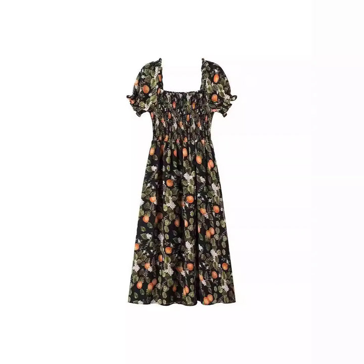 Dame midi-kjole med delikat blomsterprint og elastisk taljebånd Stilla
