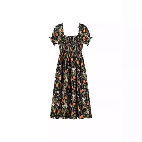 Dame midi-kjole med delikat blomsterprint og elastisk taljebånd Stilla
