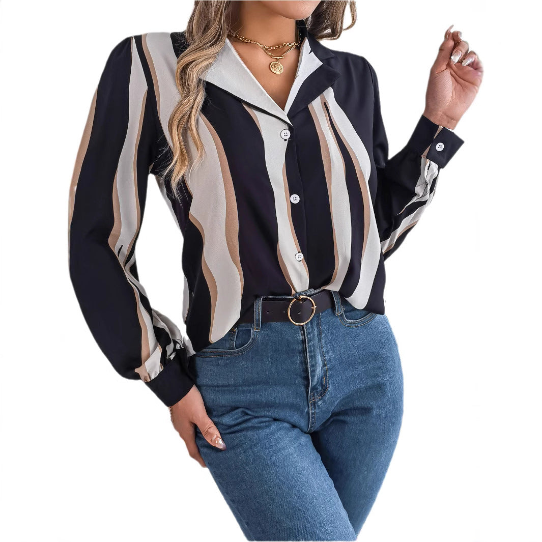 Dame Elegant Langærmet Bluse med moderne Stribemønster Stilla