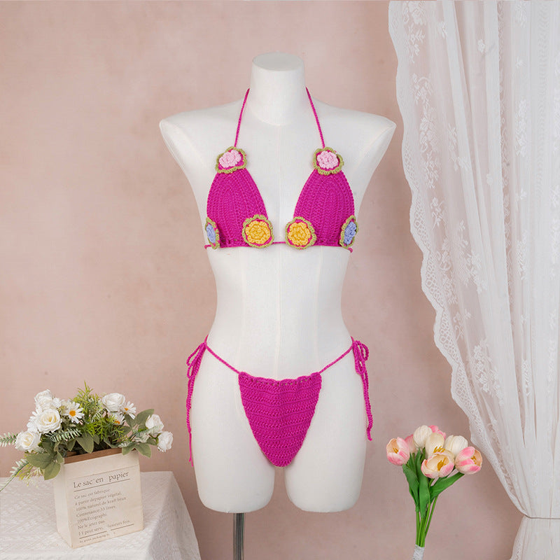 Dame hækle-bikini med legende blomsterdesign og justerbare bånd Skovae