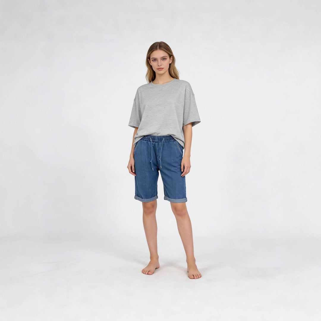 Dame jeans shorts med elastisk talje og praktiske lommer Skovae