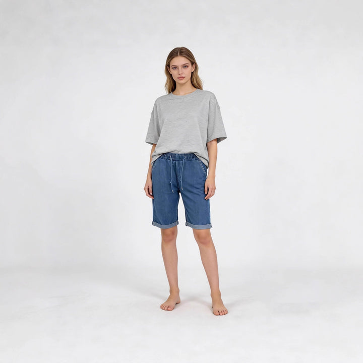 Dame jeans shorts med elastisk talje og praktiske lommer Skovae