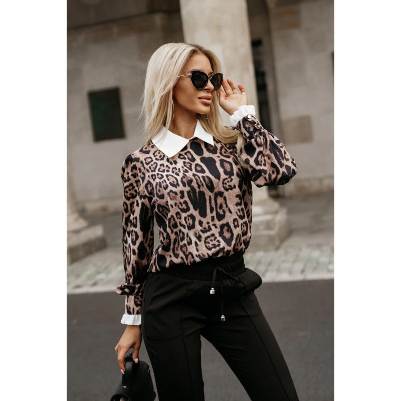 Kvinders bluse med leopardprint og fashionabel krave Stilla