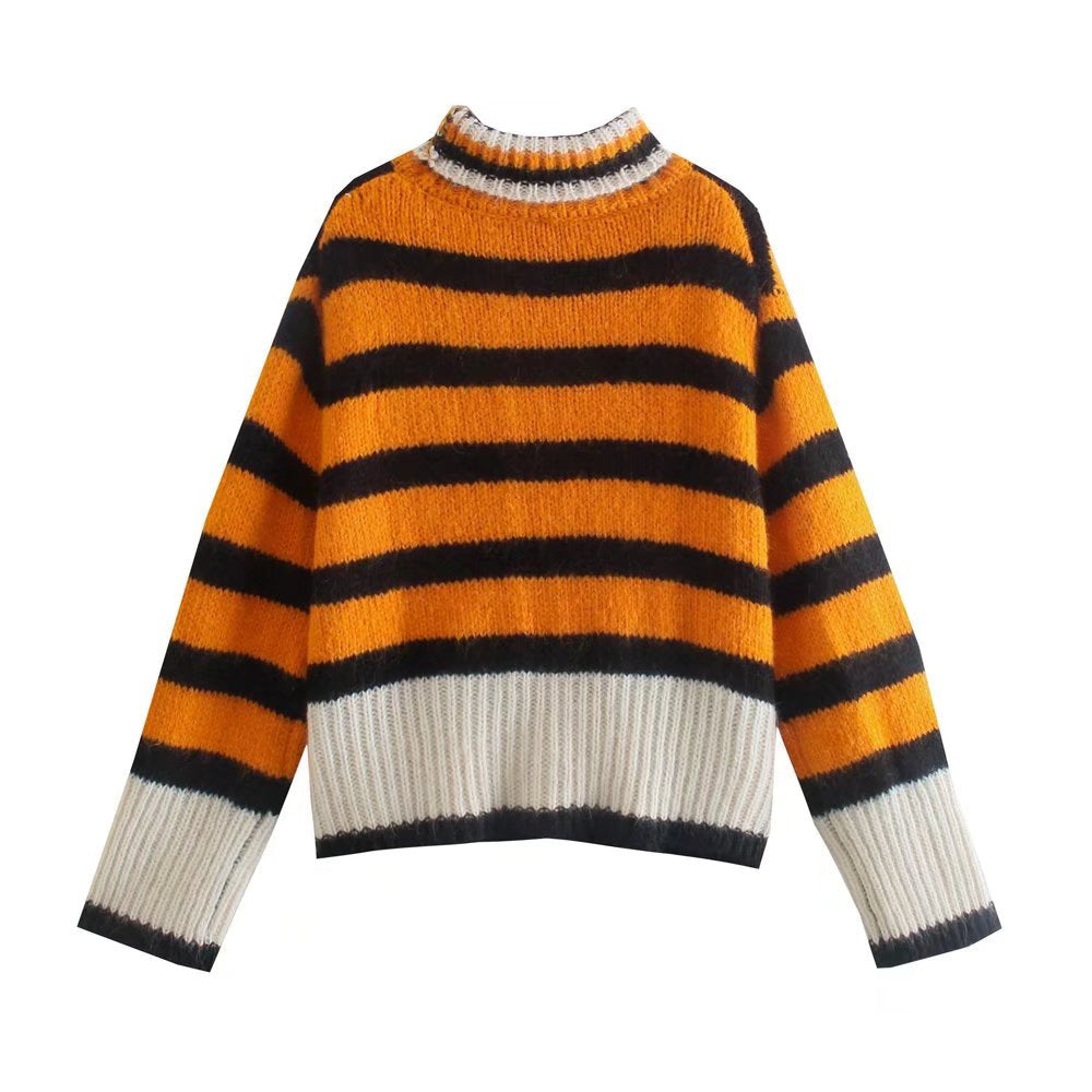 Femme Chunky Strikrullekravepullover med markante striber Stilla
