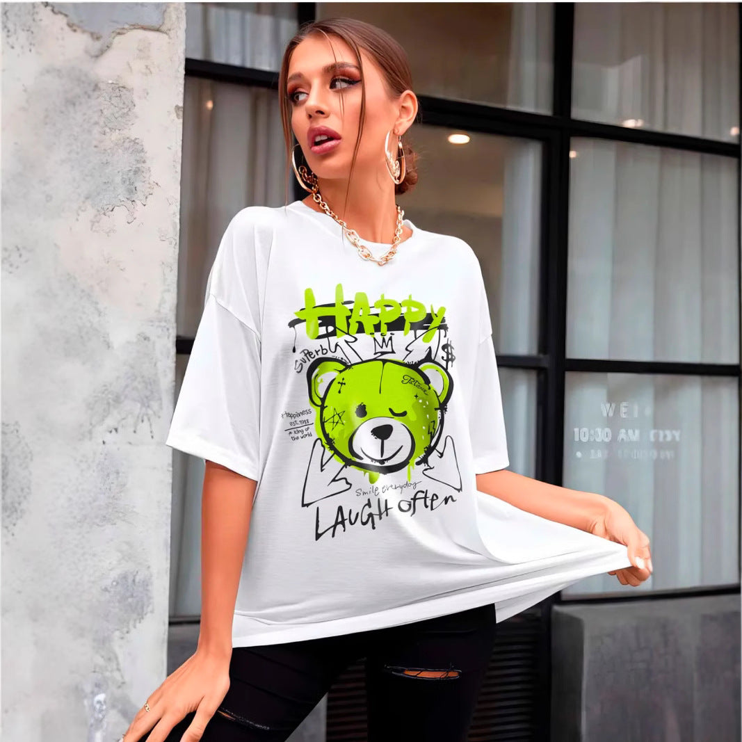 Dame T-shirt med afslappet b Bear-motiv og inspirerende udtalelse Stilla