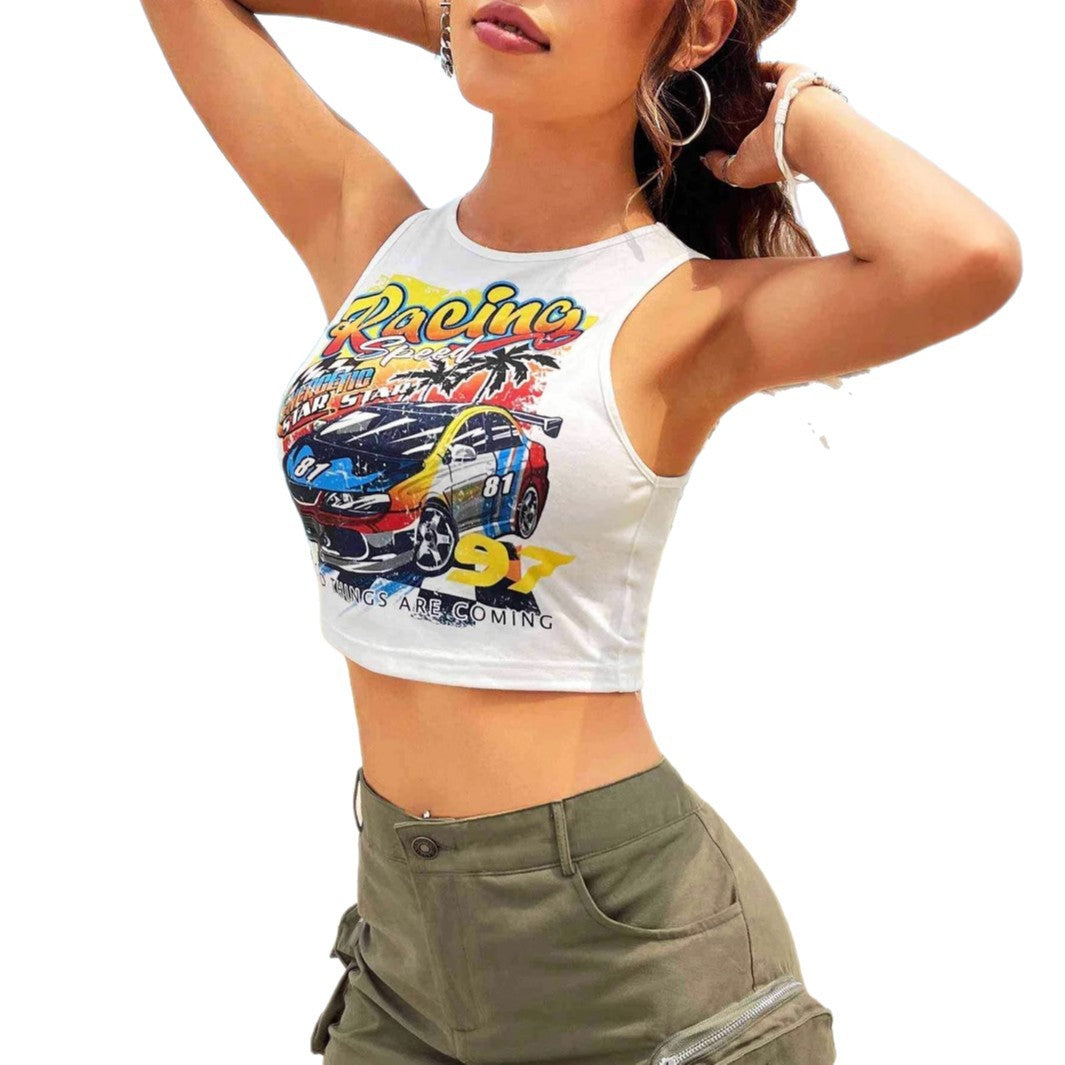 Dame Cropped Tank-Top med kreativt racingmotiv og afslappet pasform Skovae