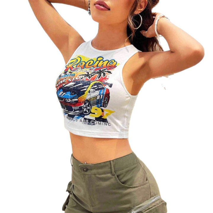 Dame Cropped Tank-Top med kreativt racingmotiv og afslappet pasform Skovae