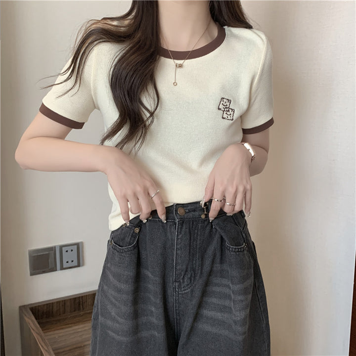 Femme Cropped Mesh Strik T-Shirt med kontrastbesætning Stilla