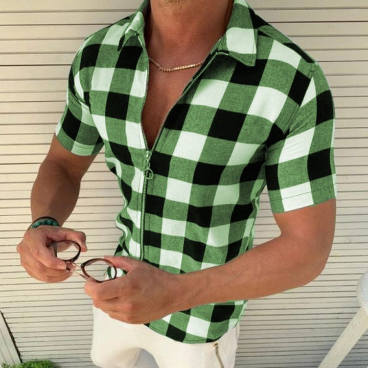 Herrer kortærmet skjorte med lynlås og ternet look Stilla