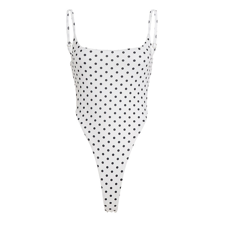 Dame badedragt med højt skåret design og legende polka-dot mønster Skovae