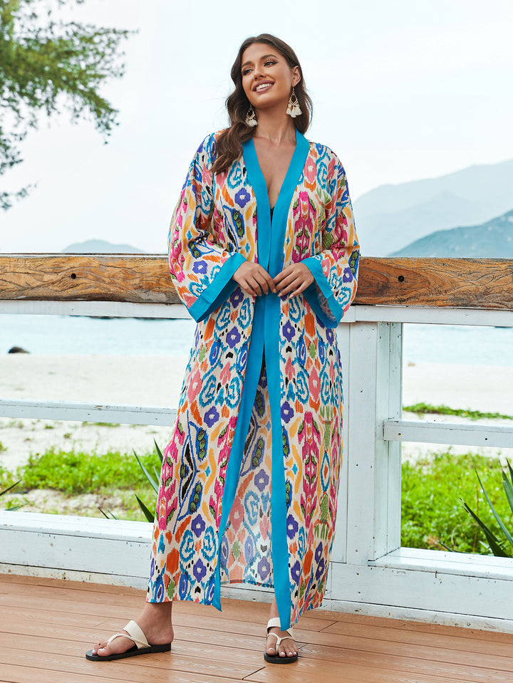 Dame Kimono-Style Strandovergangsrobe med kunstnerisk mønstermix Stilla