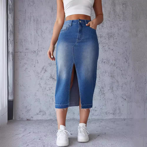 Kvinders Maxi Denim Nederdel med Sideslids og Moderne Frynser Stilla
