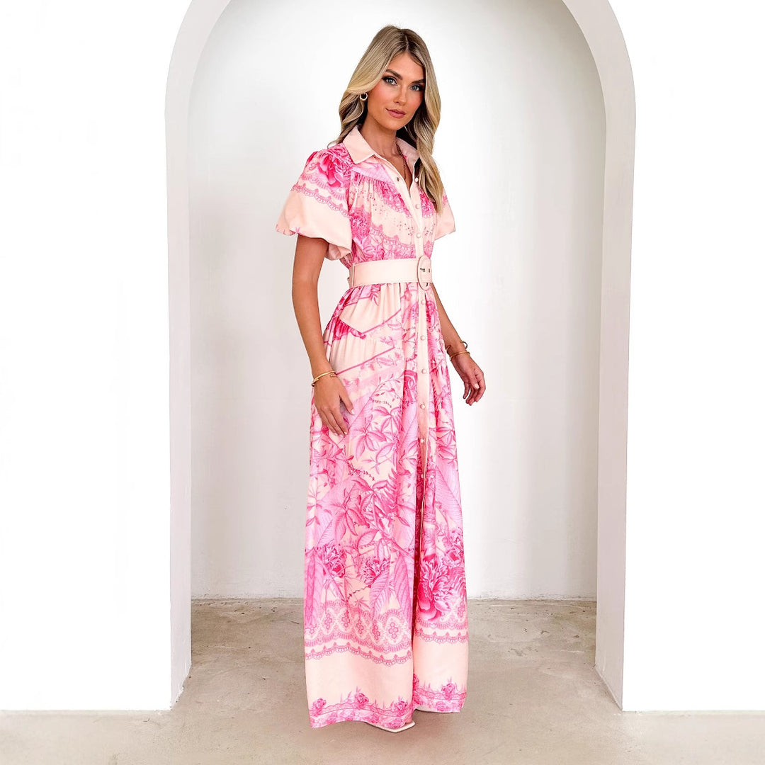 Dame maxi kjole med blomsterdesign og elegante flæser