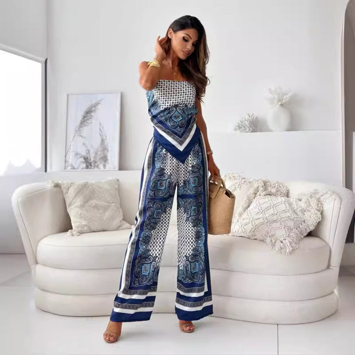 Dame elegant jumpsuit med fine stropper og unikt mønster Stilla