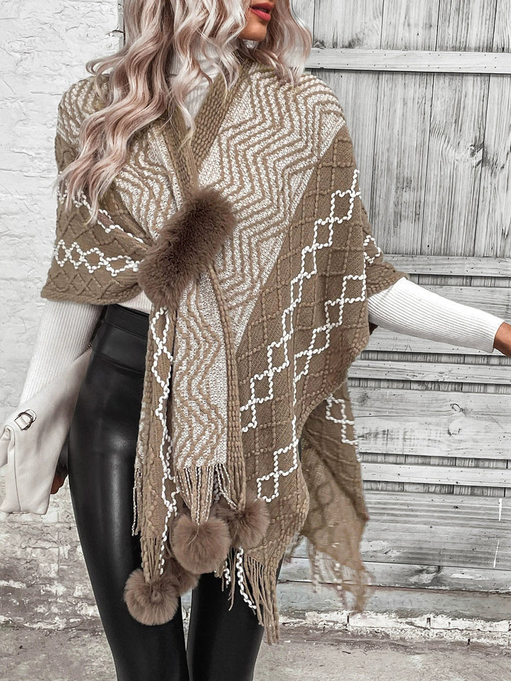 Stilla | Cape Tørklæde Cardigan Uld Strik Over størrelse Fringed kant V-hals Boho Stil