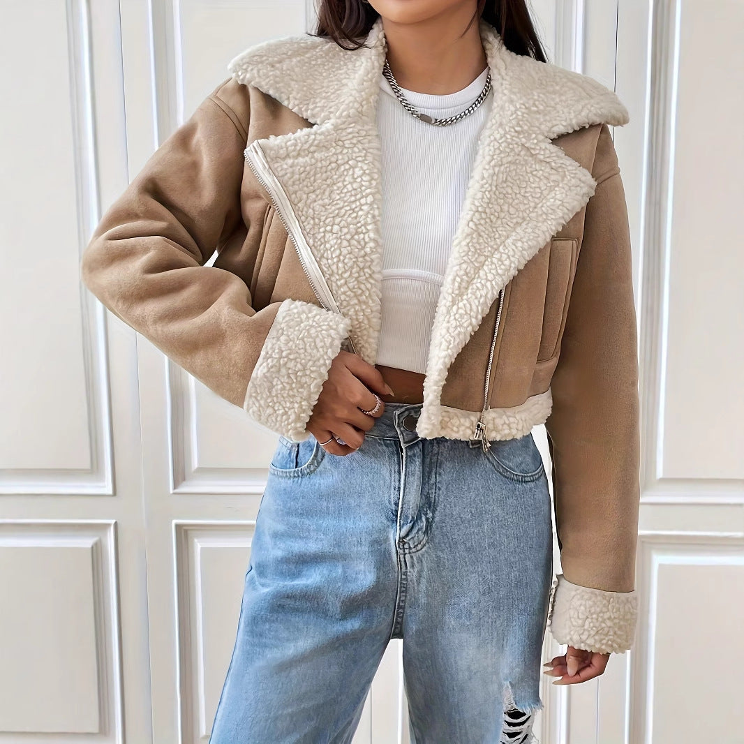 Dame elegant cropped jakke med teddyfur og lynlås Stilla