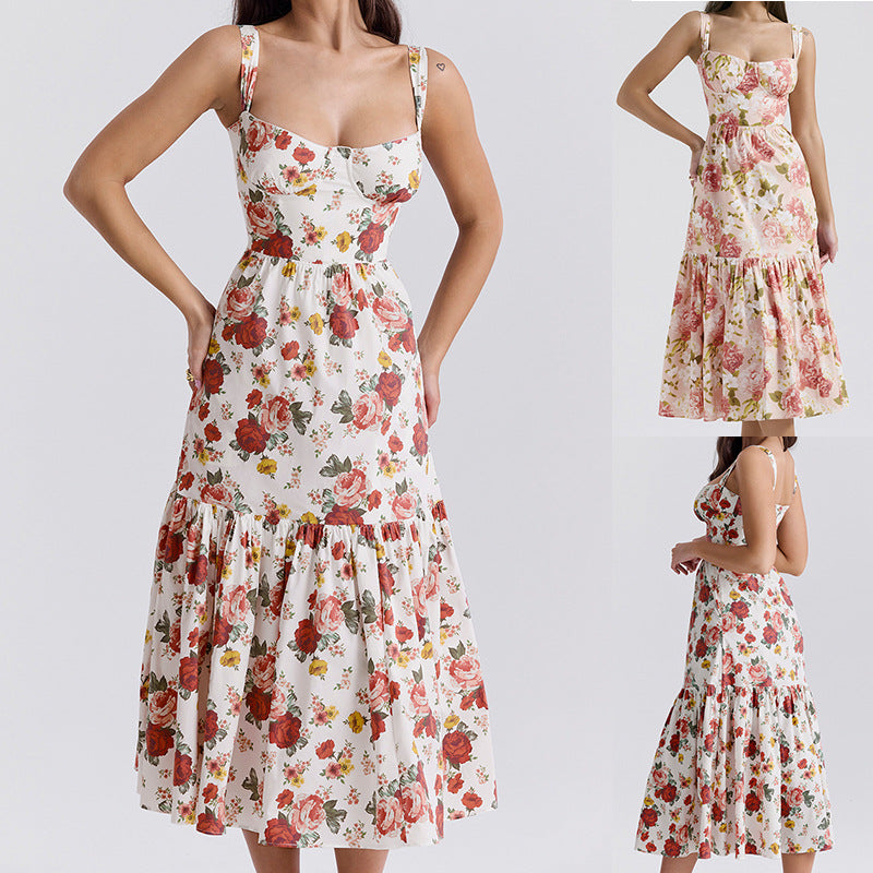 Dame Maxikjole med blomsterprint og voluminøs nederdel Stilla