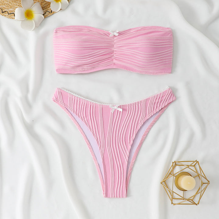 Dame Bandeau-bikini med elegant plisseret design og pynte-sløjfer Stilla