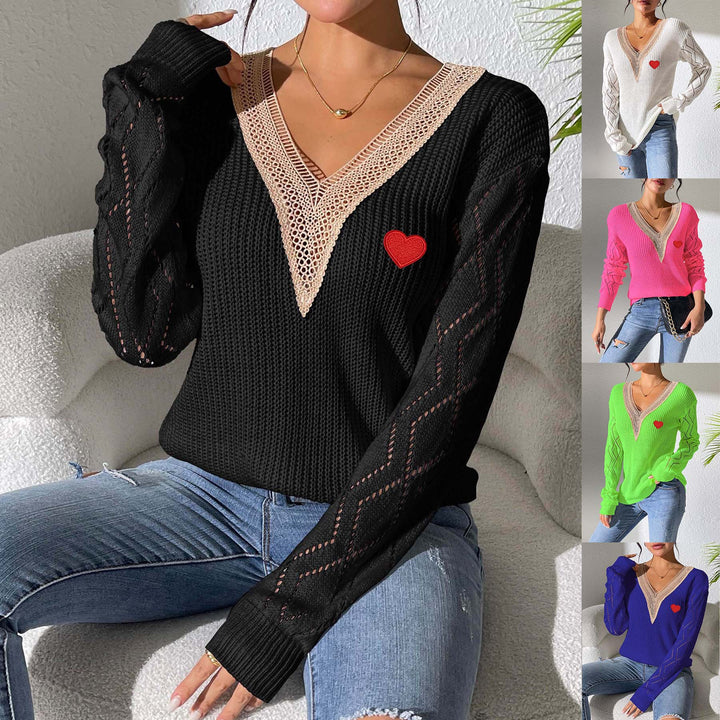 Dame strikpullover med romantisk hjerte-applikation Stilla