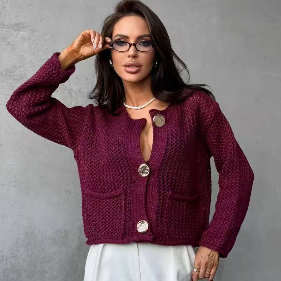 Kvinders cardigan med mesh struktur og store knapdetaljer Stilla