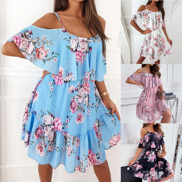 Dame Sommerkjole med floral skørt og svajende kant Stilla