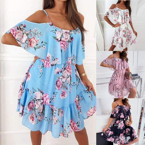 Dame Sommerkjole med floral skørt og svajende kant Stilla