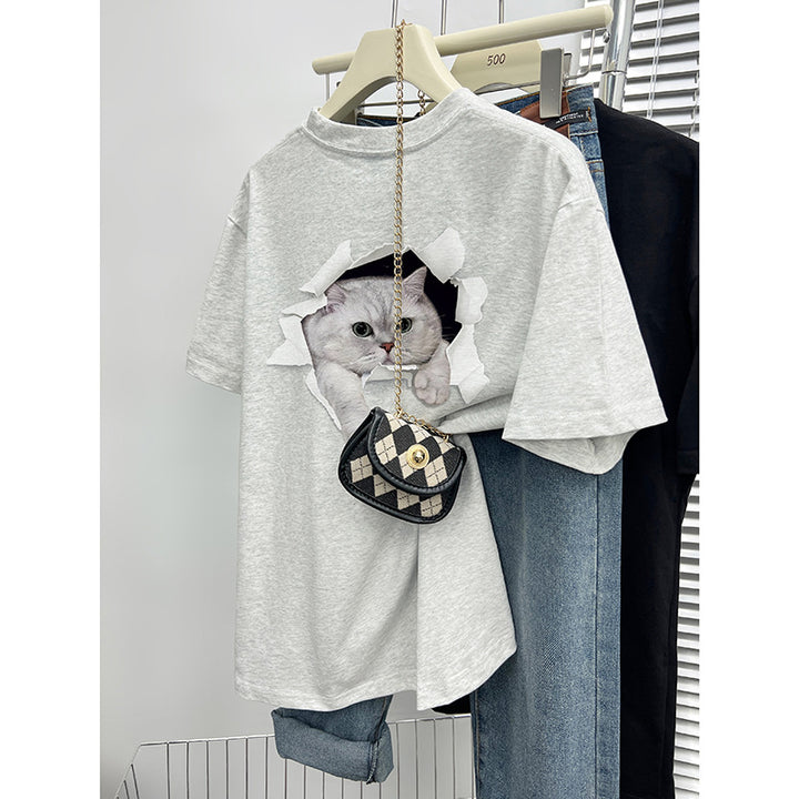 Dame T-shirt med kreativt kattemotiv gennem gennemboret væg Stilla