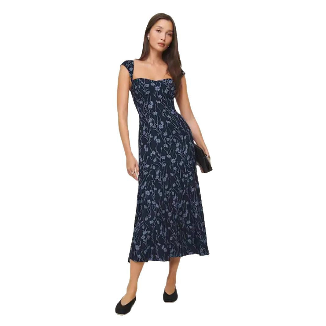 Dame Midi-kjole med elegant blomsterdesign og bandeau-udskæring Stilla