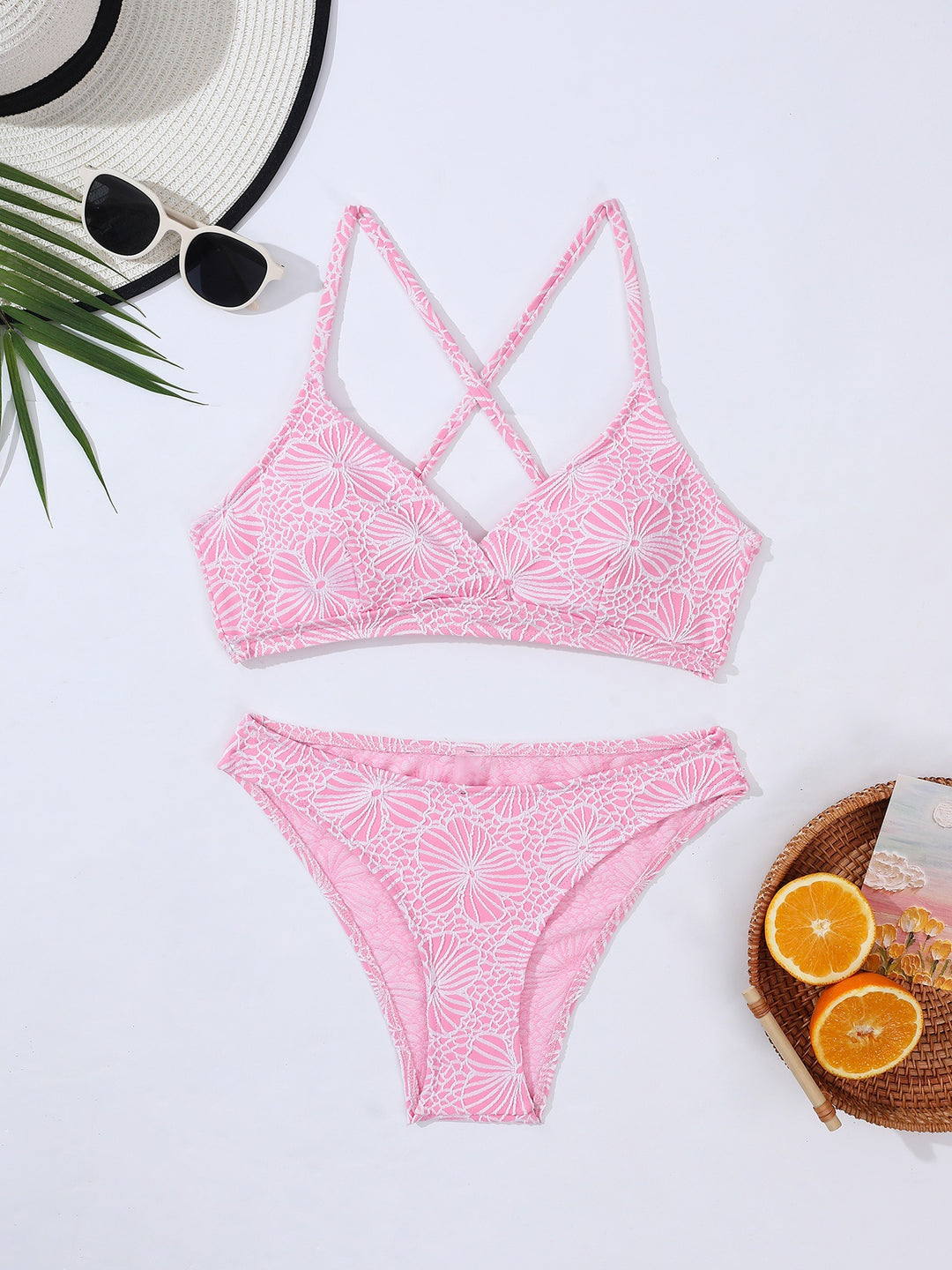 Dame Bikini-sæt med elegant krydsstrop-design og floralsk mønster Stilla