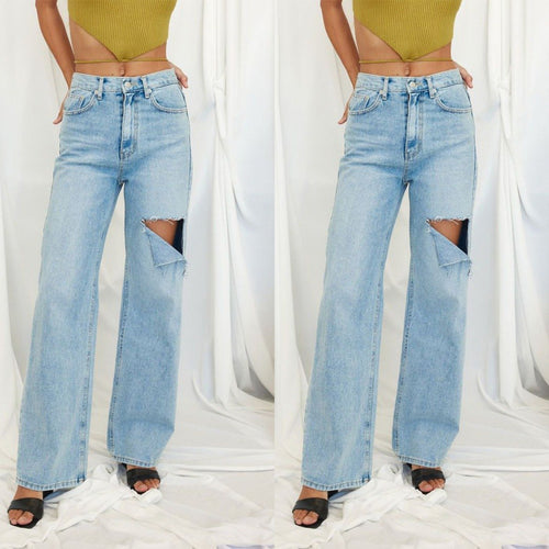 Dame Høj Talje Bred Ben Jeans med Ripped-detaljer Stilla