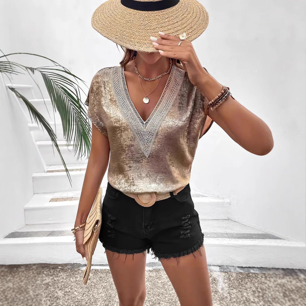 Dame trendy V-Udskæring top med glamourøs glans Stilla