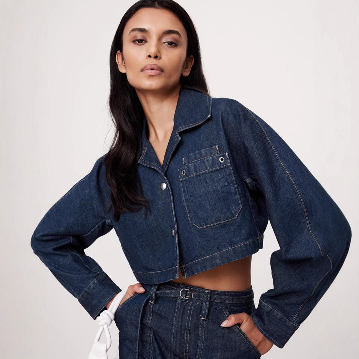 Dame Denim-Crop-Jakke og Mini Skirt Sæt Skovae