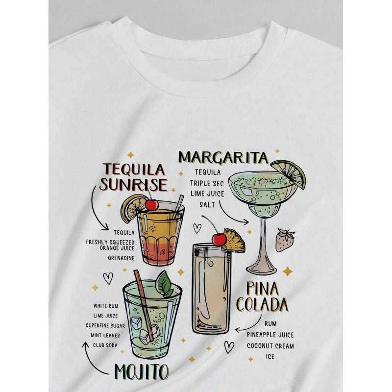 Dame T-shirt med kreativt cocktailmotiv og afslappet snit Stilla