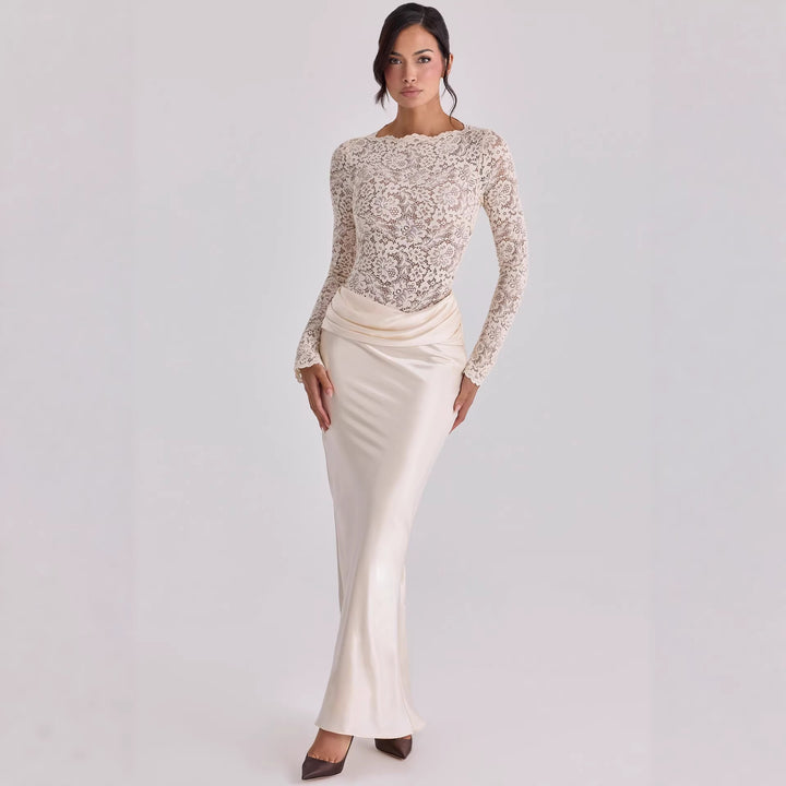 Damer Elegant spids top med flydende satin kjole Skovae