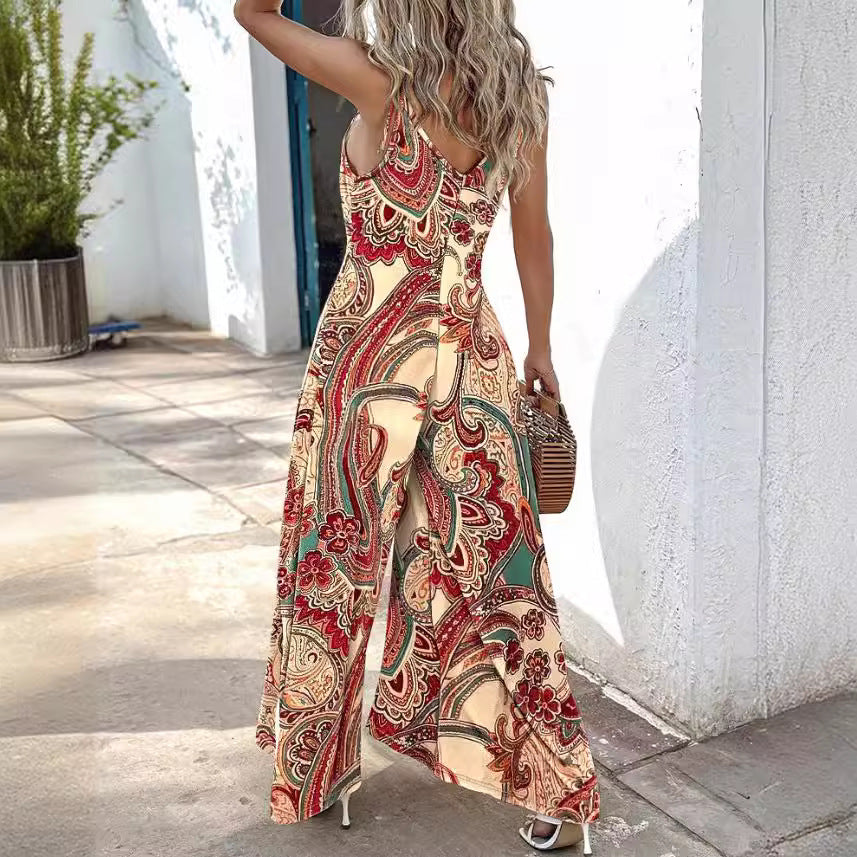 Dame maxikjole med boho-inspireret paisley-mønster og let V-udskæring Stilla