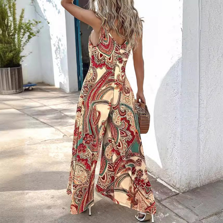 Dame maxikjole med boho-inspireret paisley-mønster og let V-udskæring Stilla