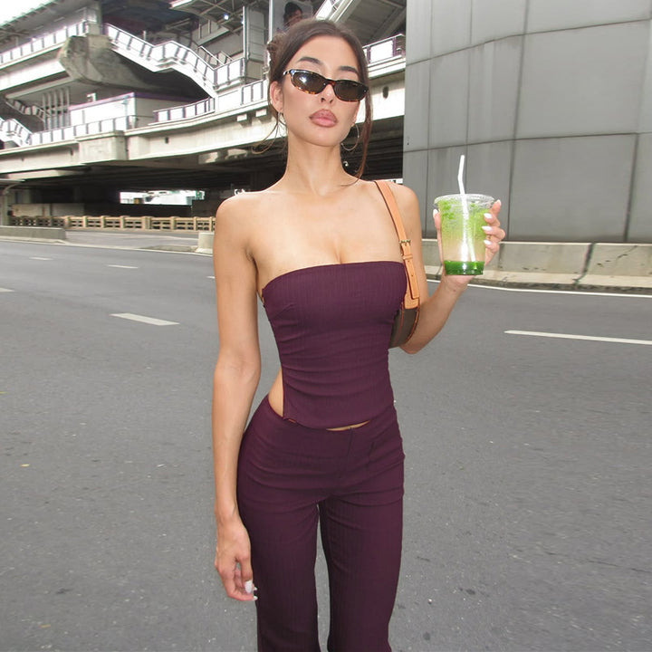 Dame elegant bustier-top med bred talje og udvidede bukser Skovae