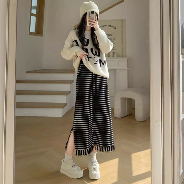 Femme Stillet Stribet Maxi Kjole med Frynse-Søm Stilla