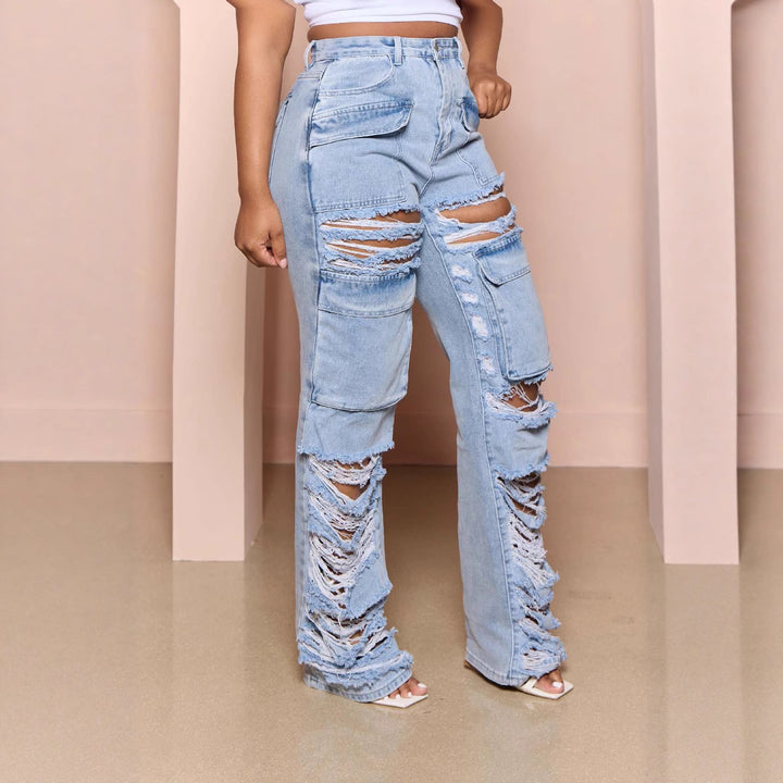 Dame Cargo-jeans med frynset detaljer og modige revner Stilla