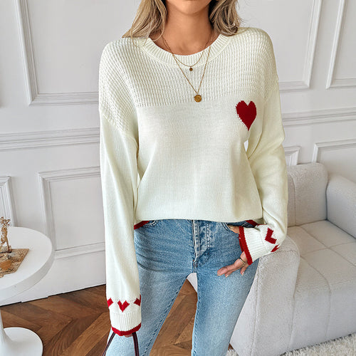 Kvinders sweater med hjerte mønster og kontrasterende detaljer Stilla